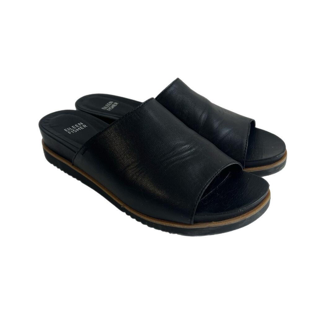 Eileen Fisher Koha Tumbled Black Leather Wedge Sandal Slide Women’s Size 9.5